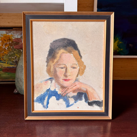 Mid Century French Portrait of a Woman in Black Hat Oil Painting in Black and Gold Frame
