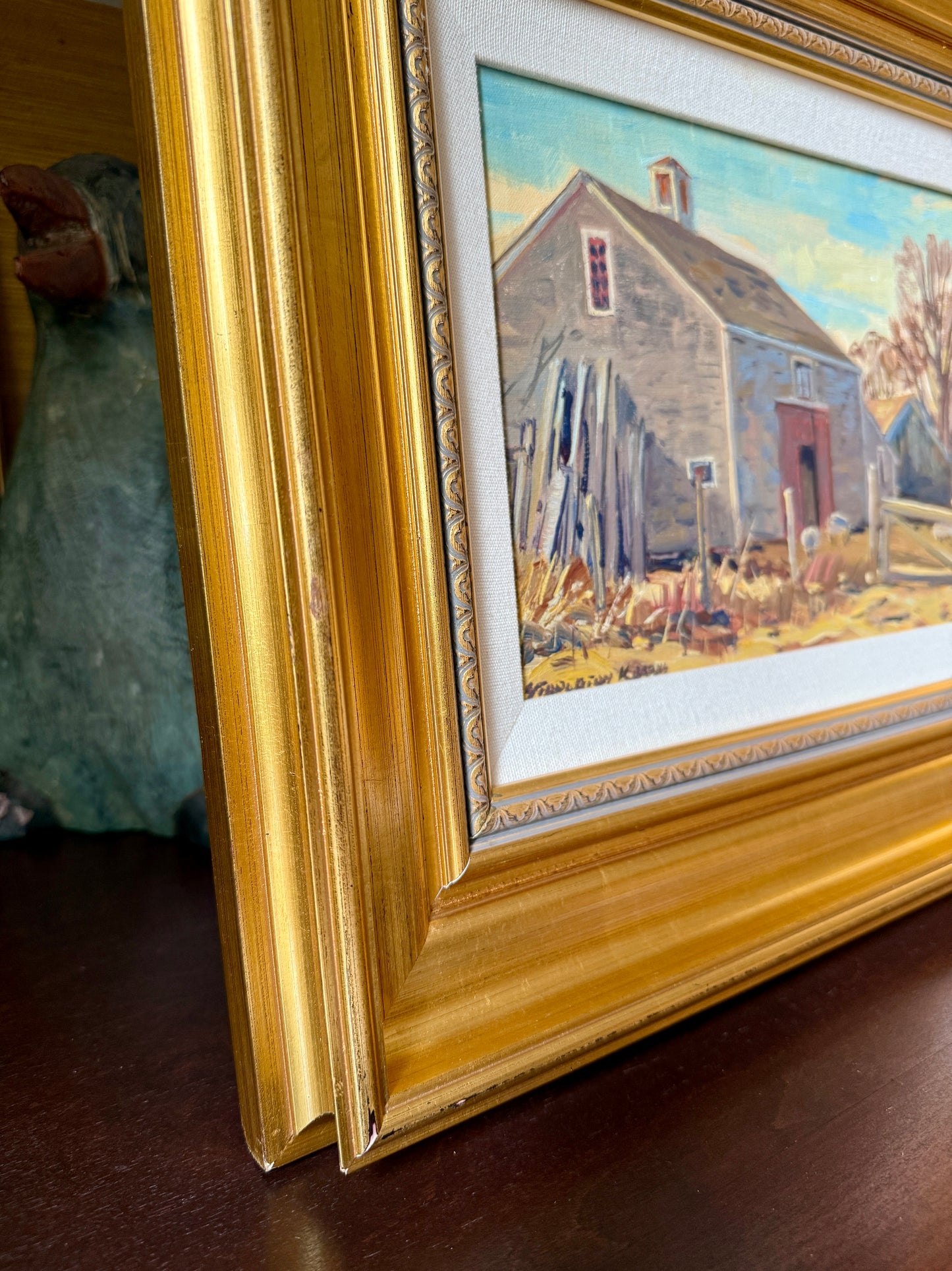 Stapleton Kearns Dan Harrison's Barn New England Farm Landscape with Sheep Oil Painting in Gold Frame