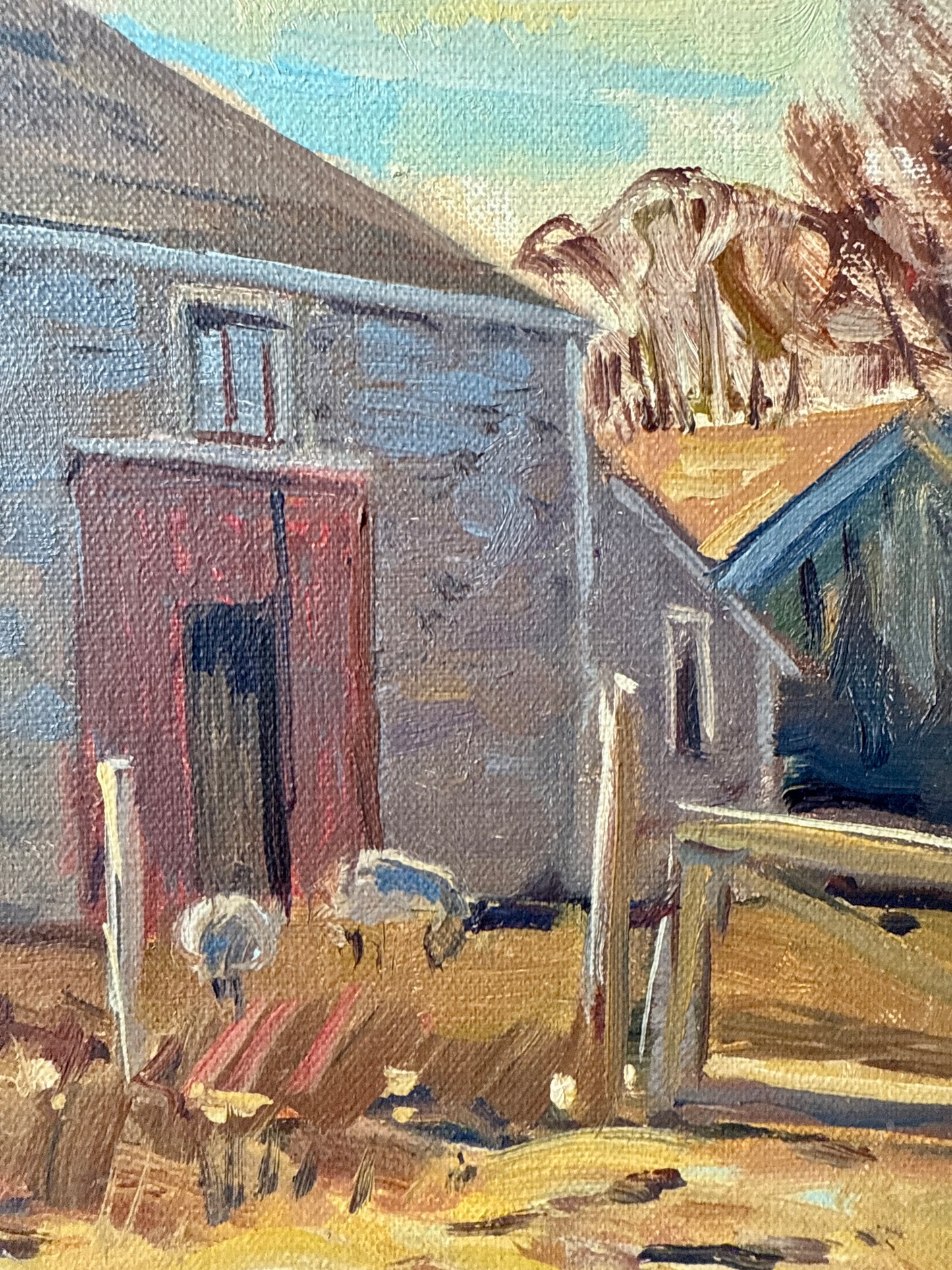 Stapleton Kearns Dan Harrison's Barn New England Farm Landscape with Sheep Oil Painting in Gold Frame