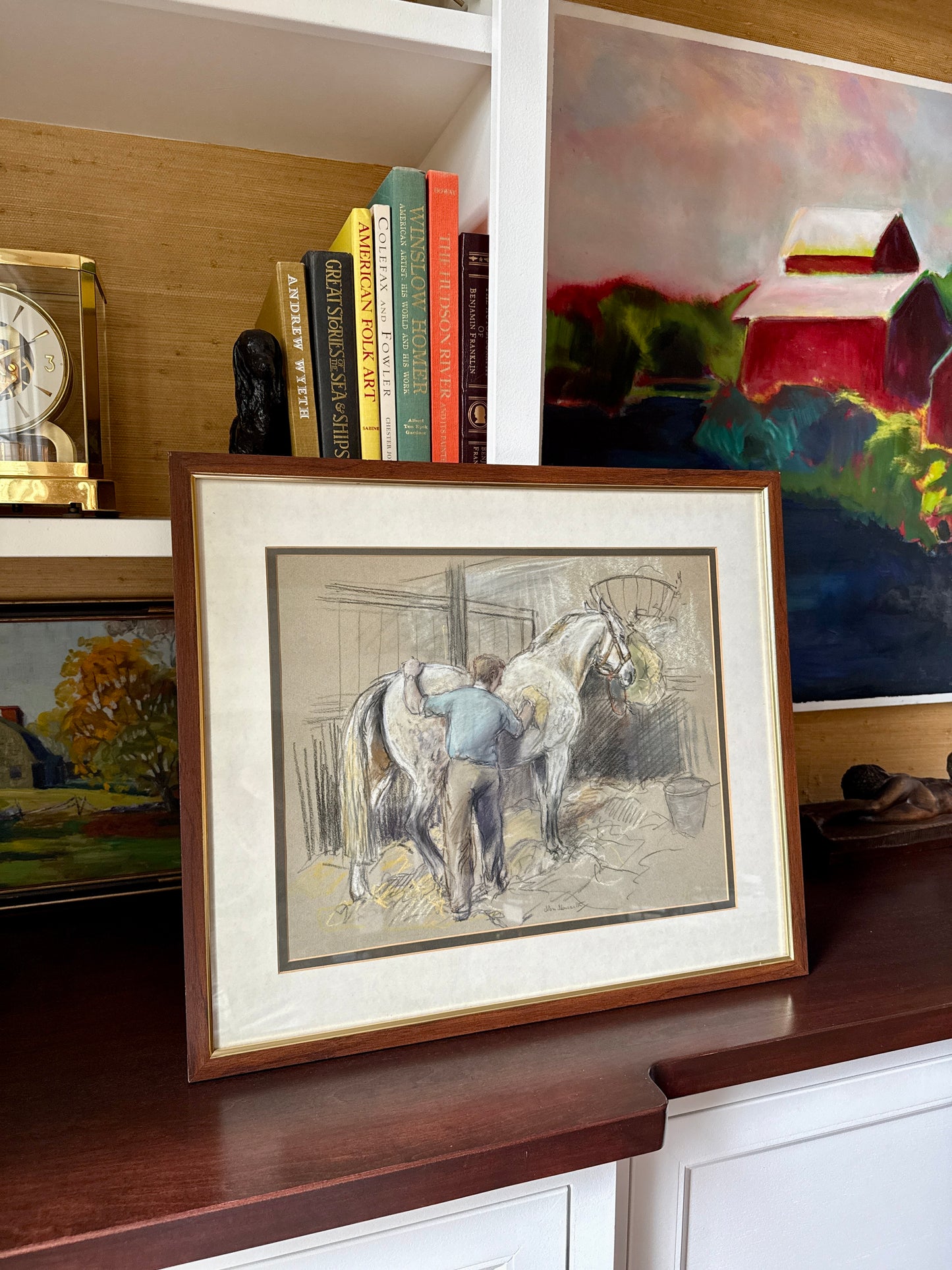 Nora Howarth Faithful Companion Horse Stable Scene Pastel in Wood Frame