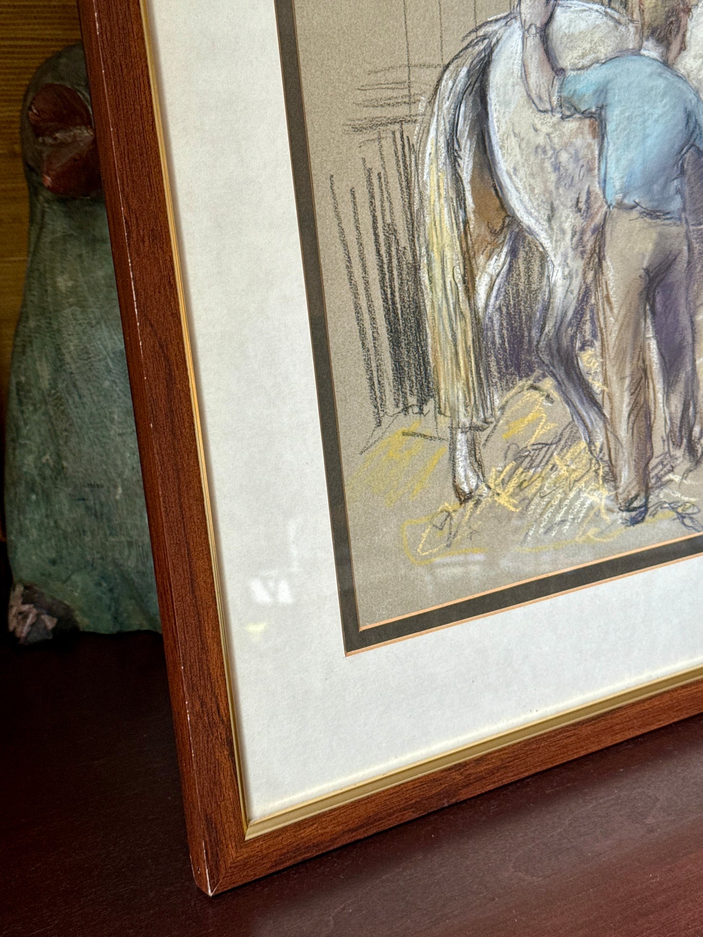 Nora Howarth Faithful Companion Horse Stable Scene Pastel in Wood Frame