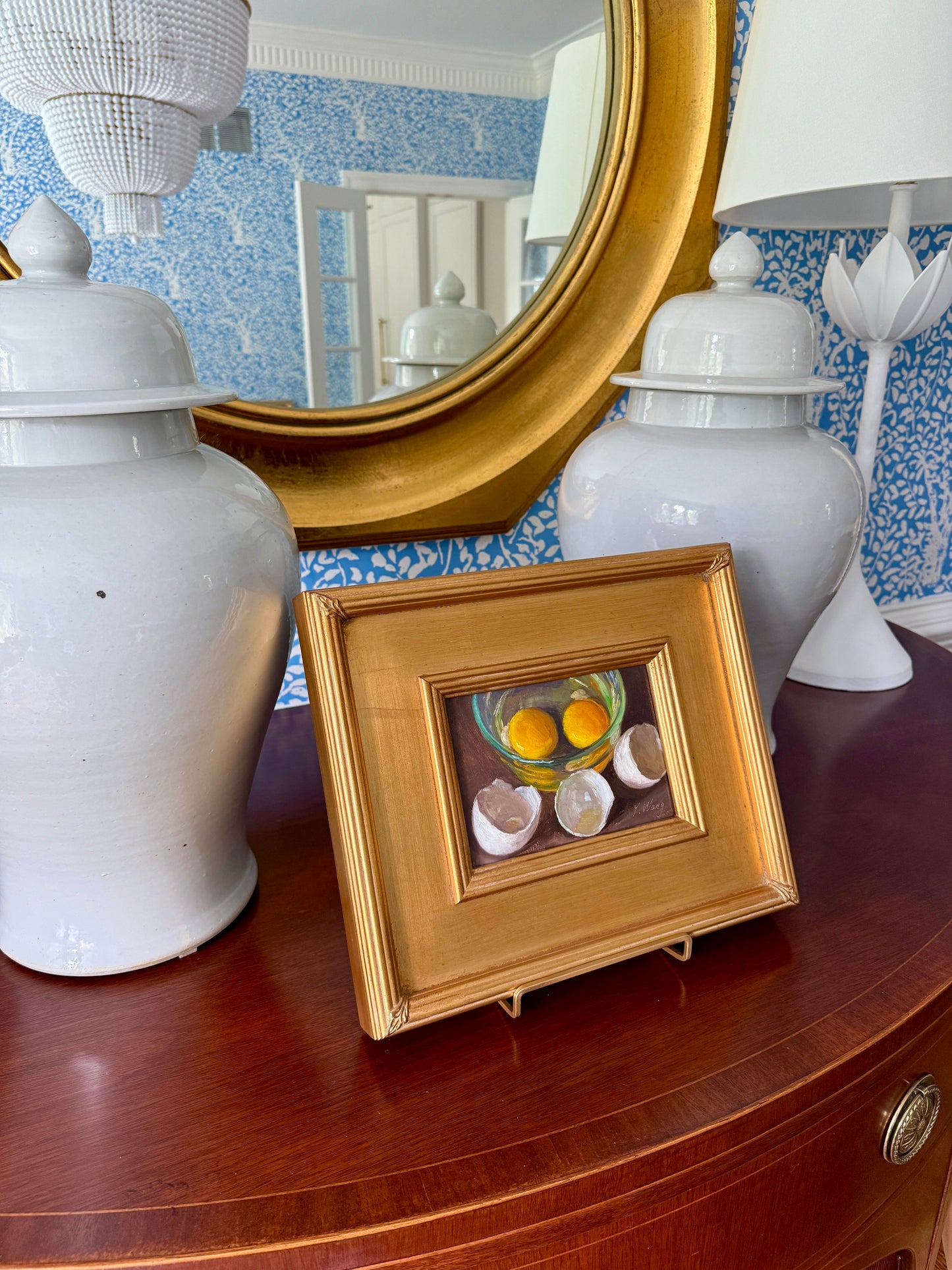 Cracked Eggs in Glass Bowl Realist Still Life Oil Painting in Gold Frame