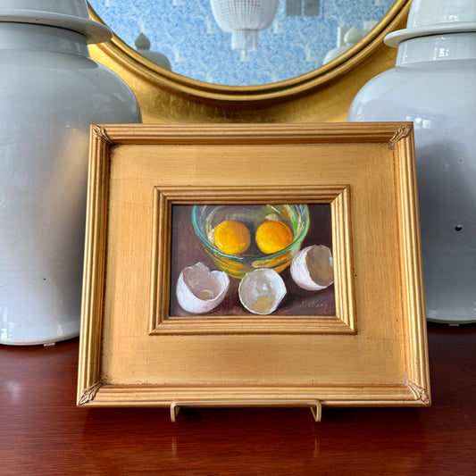 Cracked Eggs in Glass Bowl Realist Still Life Oil Painting in Gold Frame