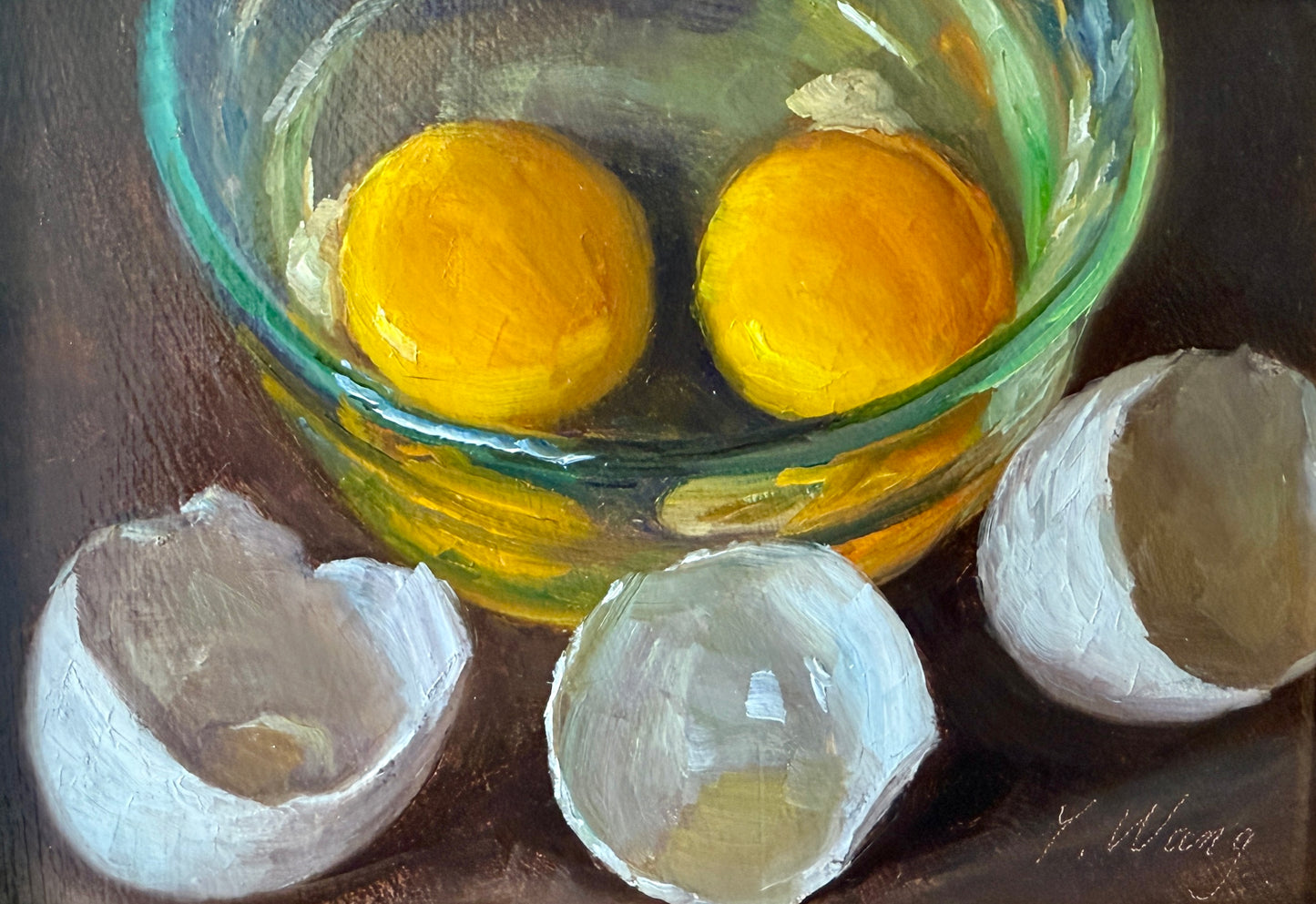 Cracked Eggs in Glass Bowl Realist Still Life Oil Painting in Gold Frame