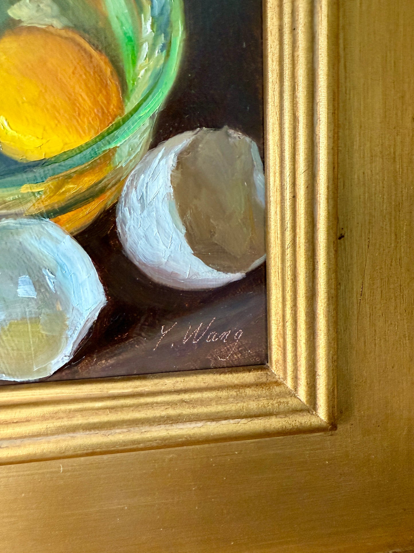 Cracked Eggs in Glass Bowl Realist Still Life Oil Painting in Gold Frame