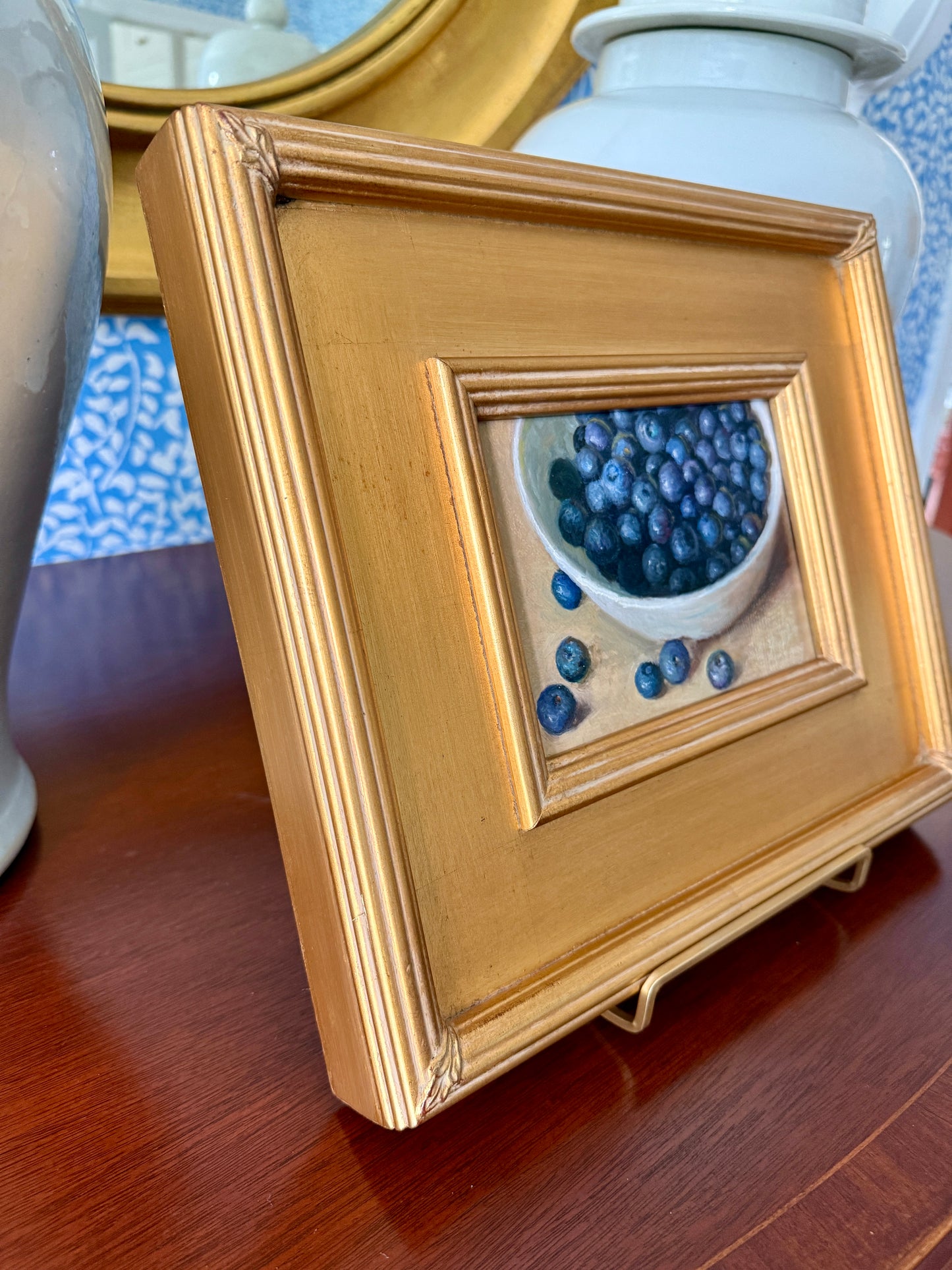 Blueberries in Pottery Realist Still Life Oil Painting in Gold Frame