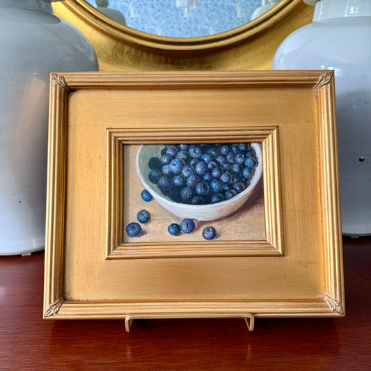 Blueberries in Pottery Realist Still Life Oil Painting in Gold Frame