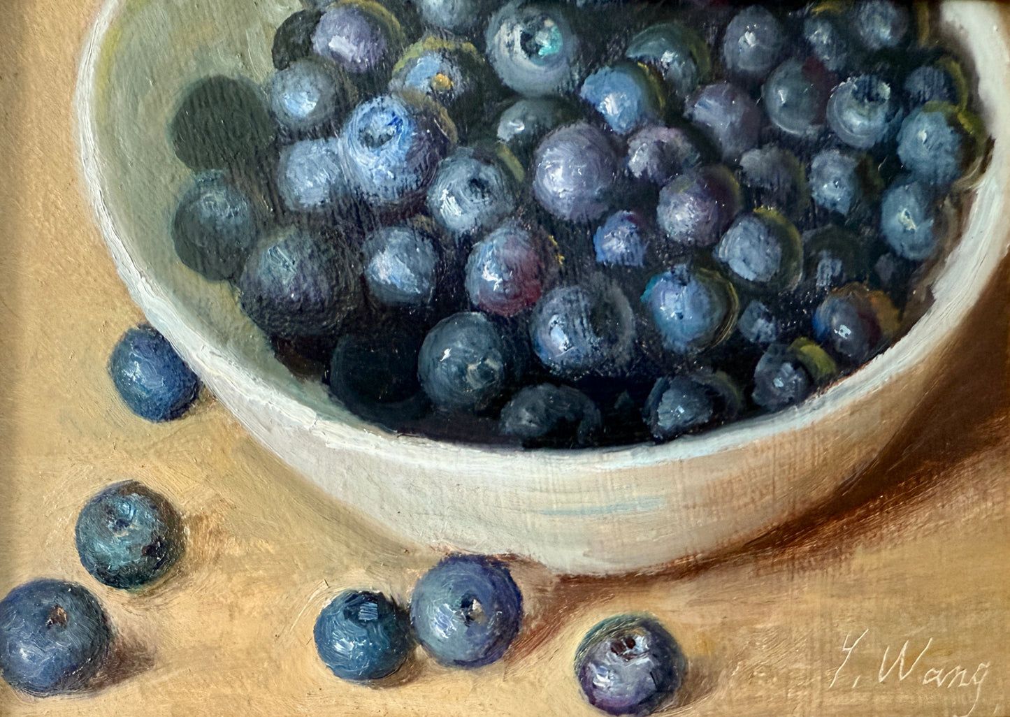 Blueberries in Pottery Realist Still Life Oil Painting in Gold Frame