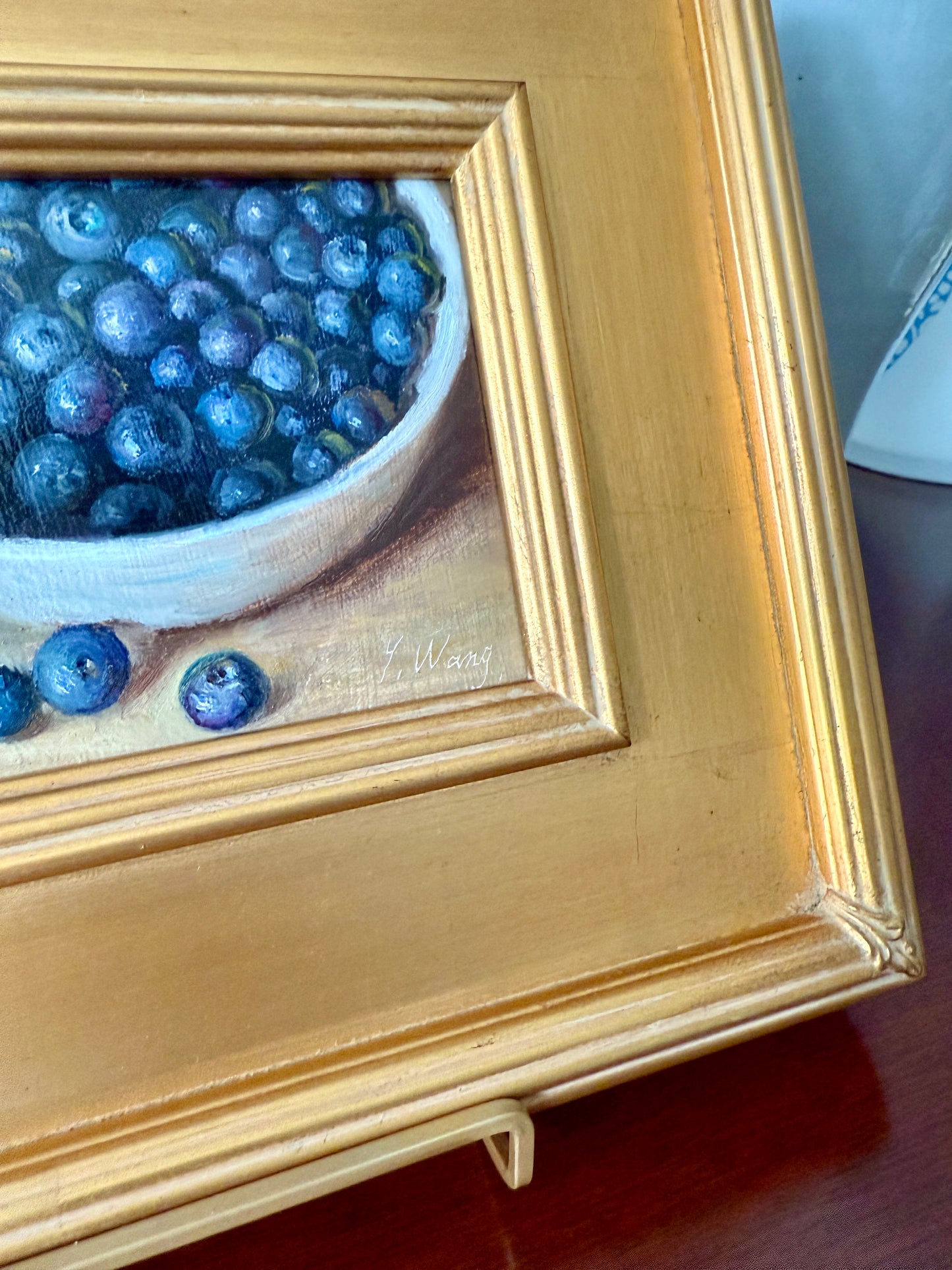 Blueberries in Pottery Realist Still Life Oil Painting in Gold Frame