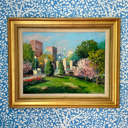 John Caggiano Springtime in Boston Public Gardens Oil Painting in Gold Frame