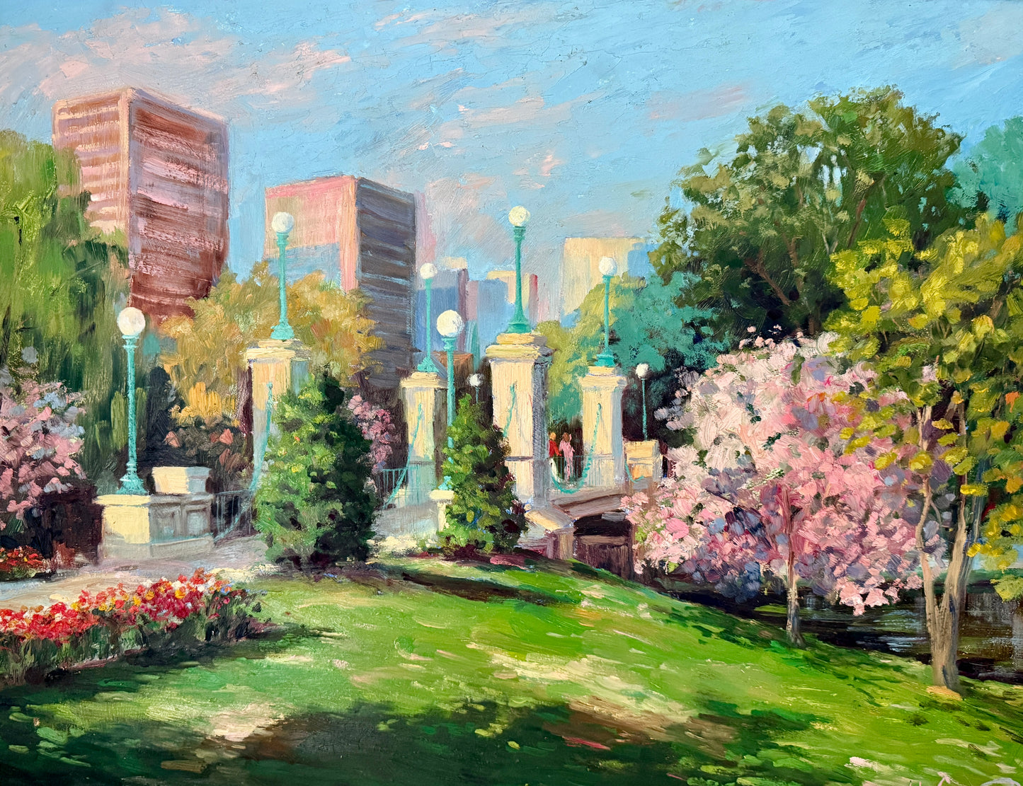 John Caggiano Springtime in Boston Public Gardens Oil Painting in Gold Frame