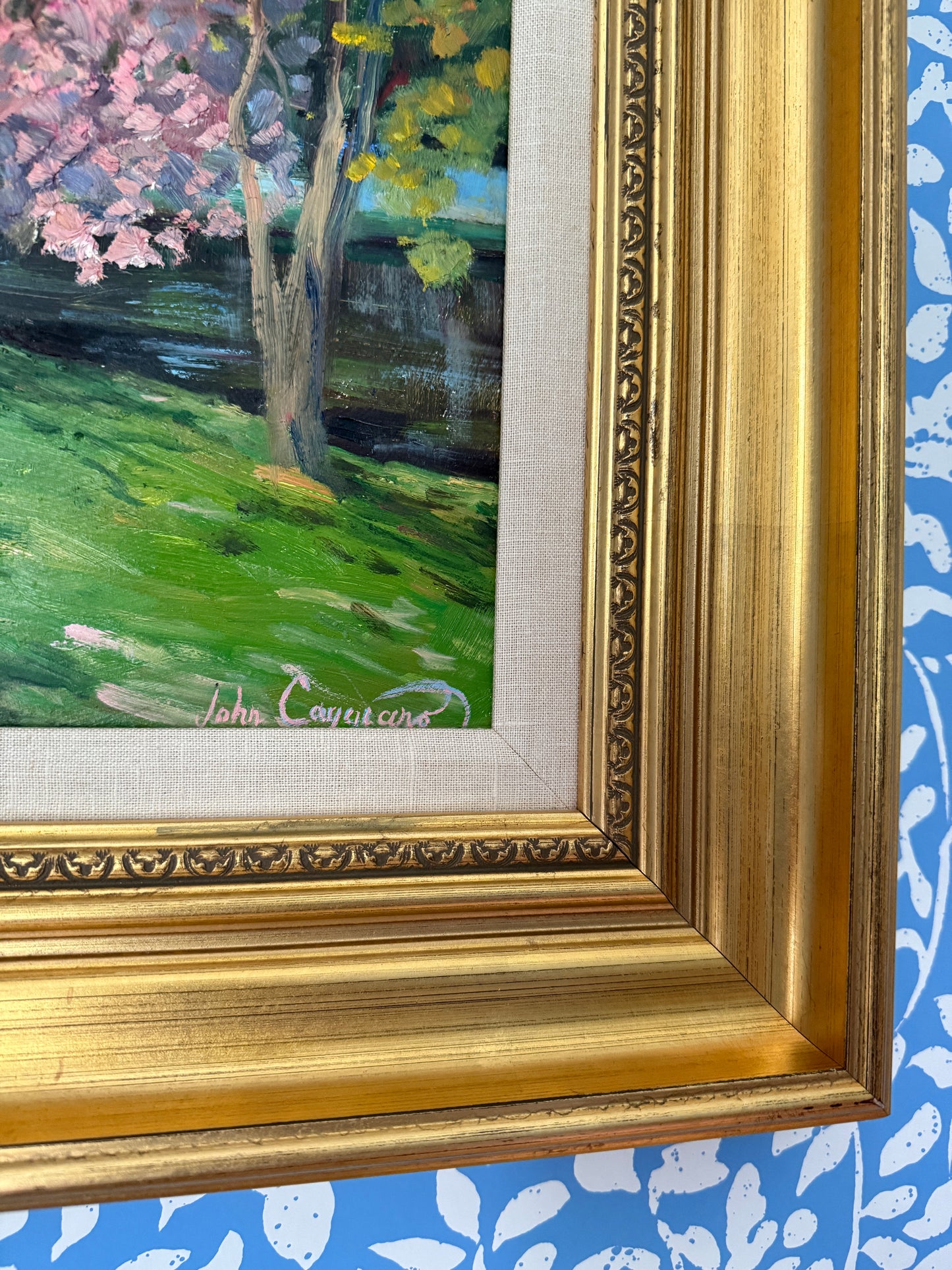 John Caggiano Springtime in Boston Public Gardens Oil Painting in Gold Frame