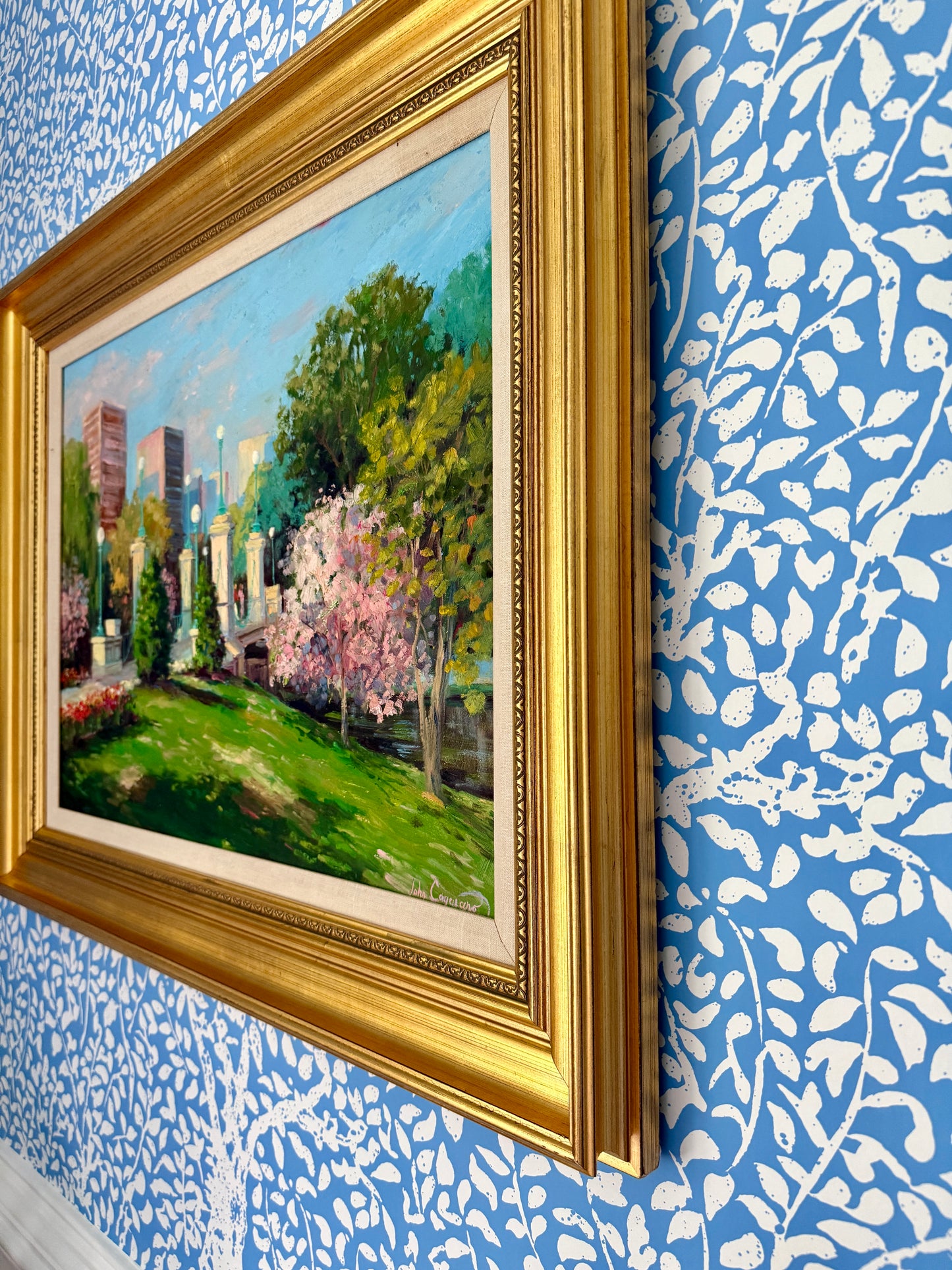 John Caggiano Springtime in Boston Public Gardens Oil Painting in Gold Frame