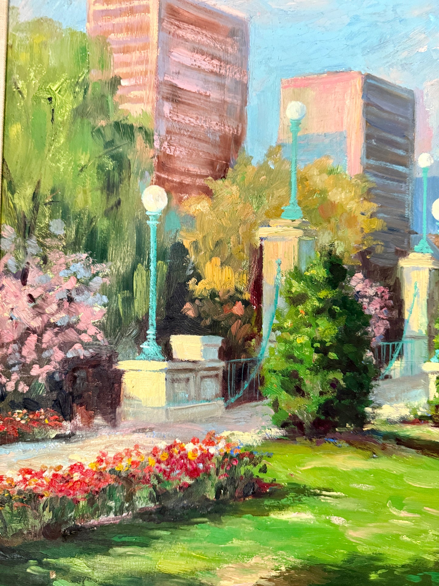 John Caggiano Springtime in Boston Public Gardens Oil Painting in Gold Frame