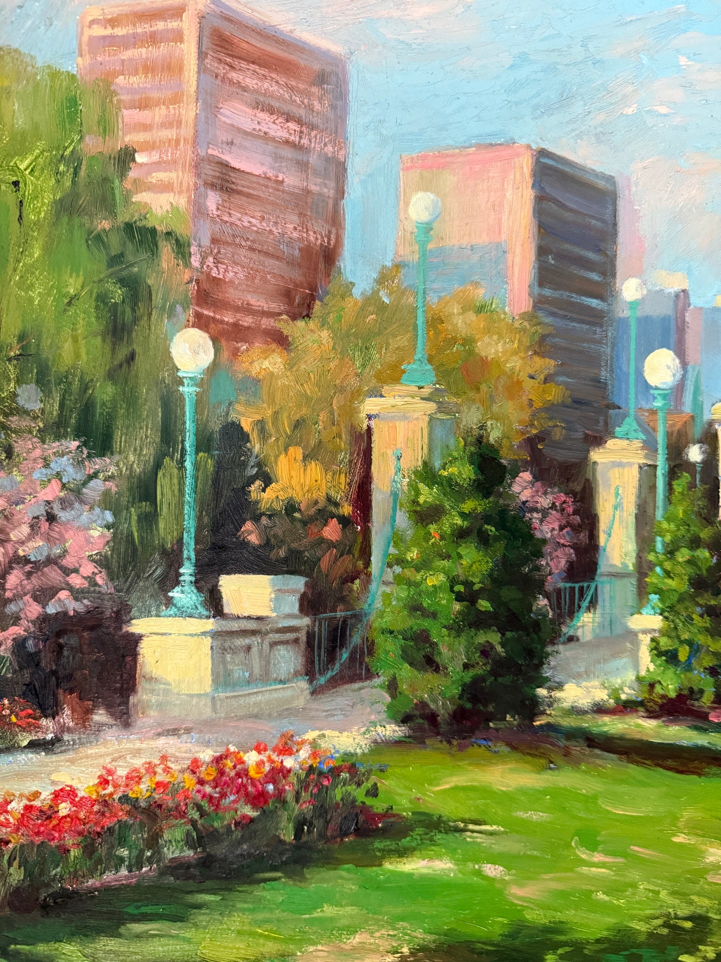 John Caggiano Springtime in Boston Public Gardens Oil Painting in Gold Frame