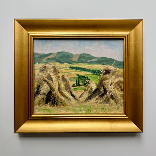 Vintage Summer Haystacks Oil Painting in Gold Frame