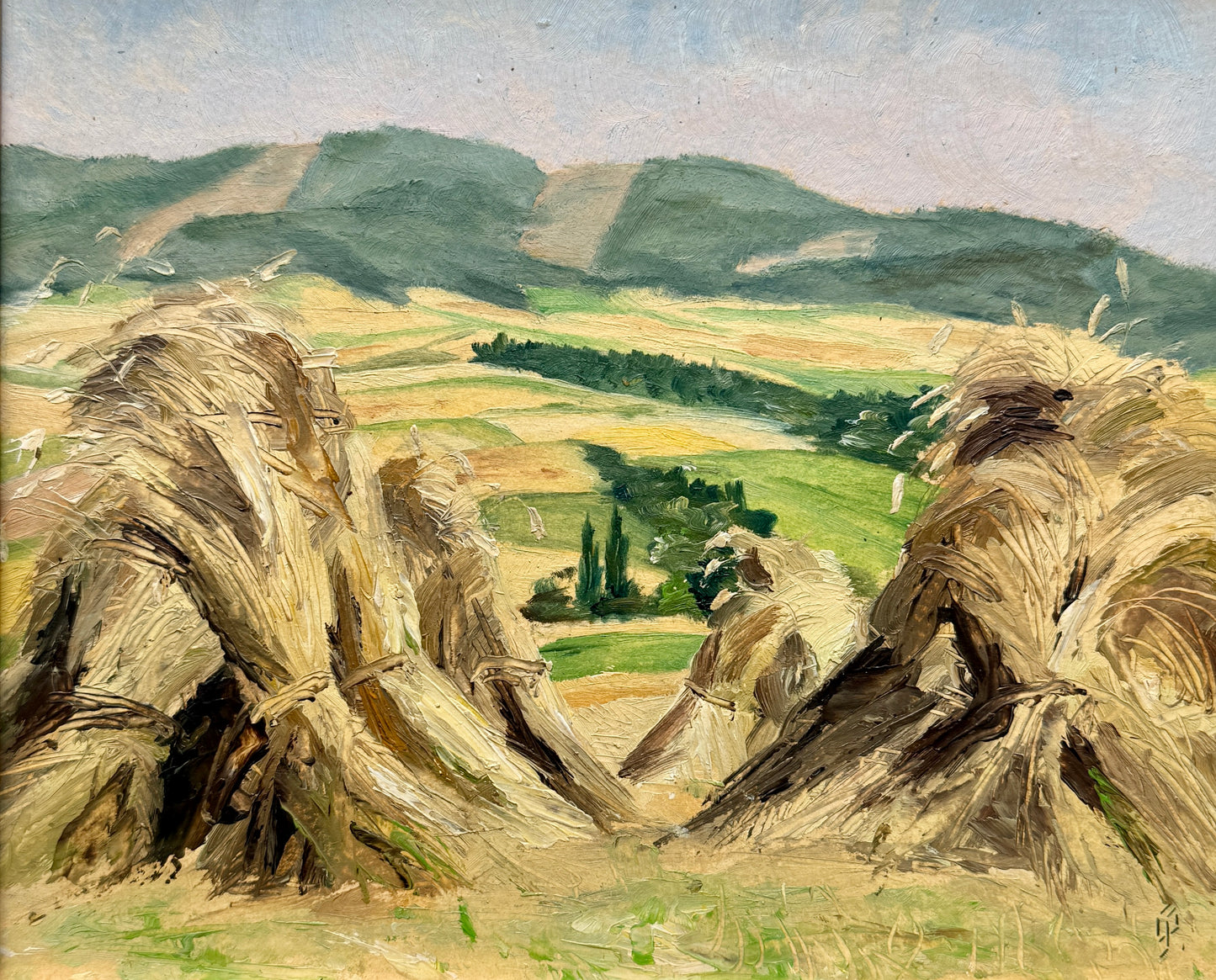 Vintage Summer Haystacks Oil Painting in Gold Frame