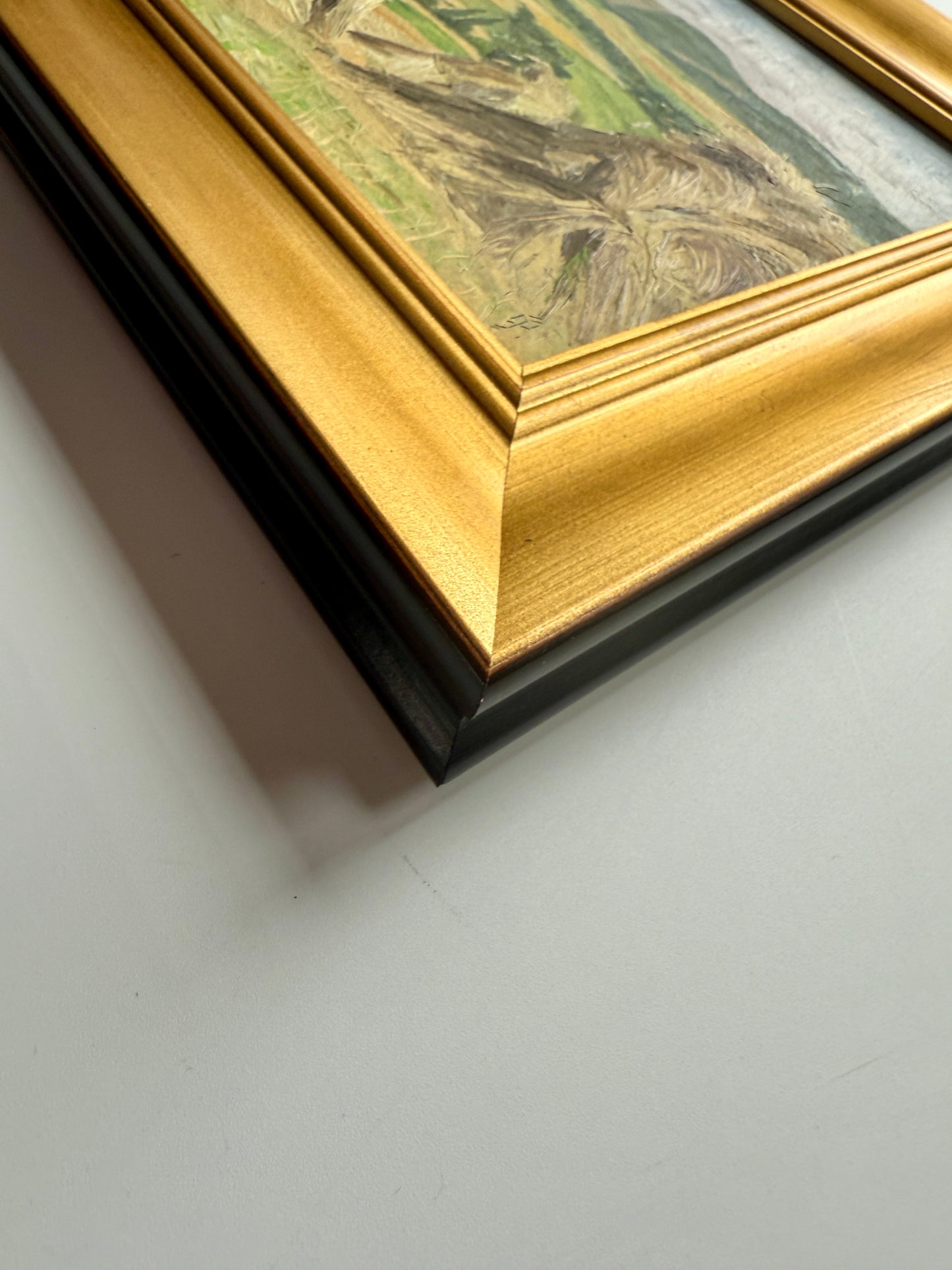 Vintage Summer Haystacks Oil Painting in Gold Frame