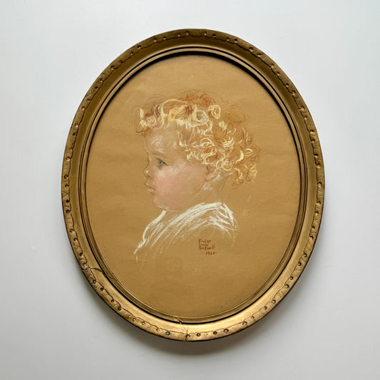 1920 Evelyn Enola Rockwell Pastel Portrait of Blonde Child in Oval Gold Frame