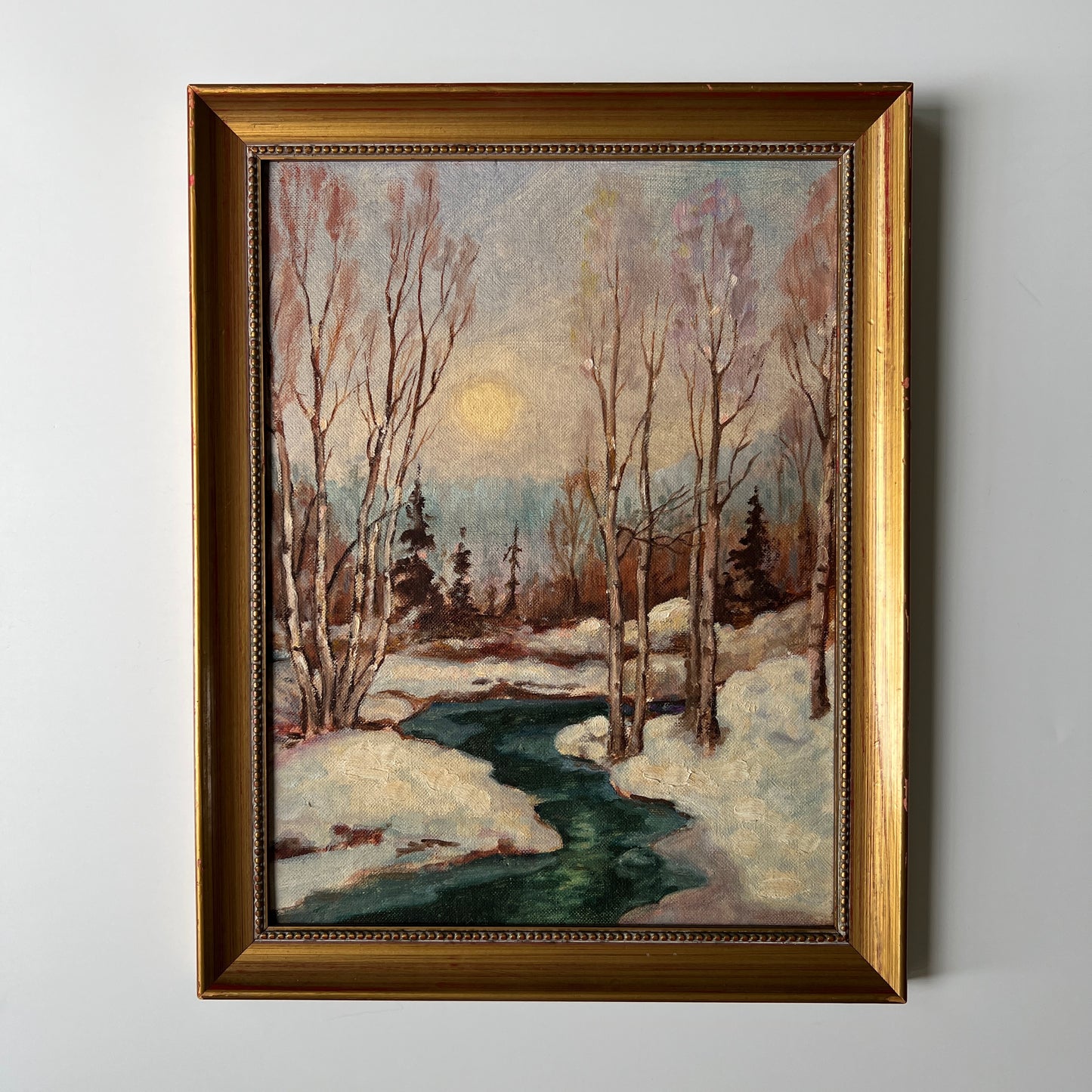 Mid Century Impressionist Snowy Wooded River Birch Tree Landscape Oil Painting in Gold Frame
