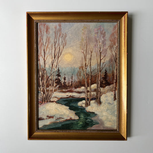 Mid Century Impressionist Snowy Wooded River Birch Tree Landscape Oil Painting in Gold Frame