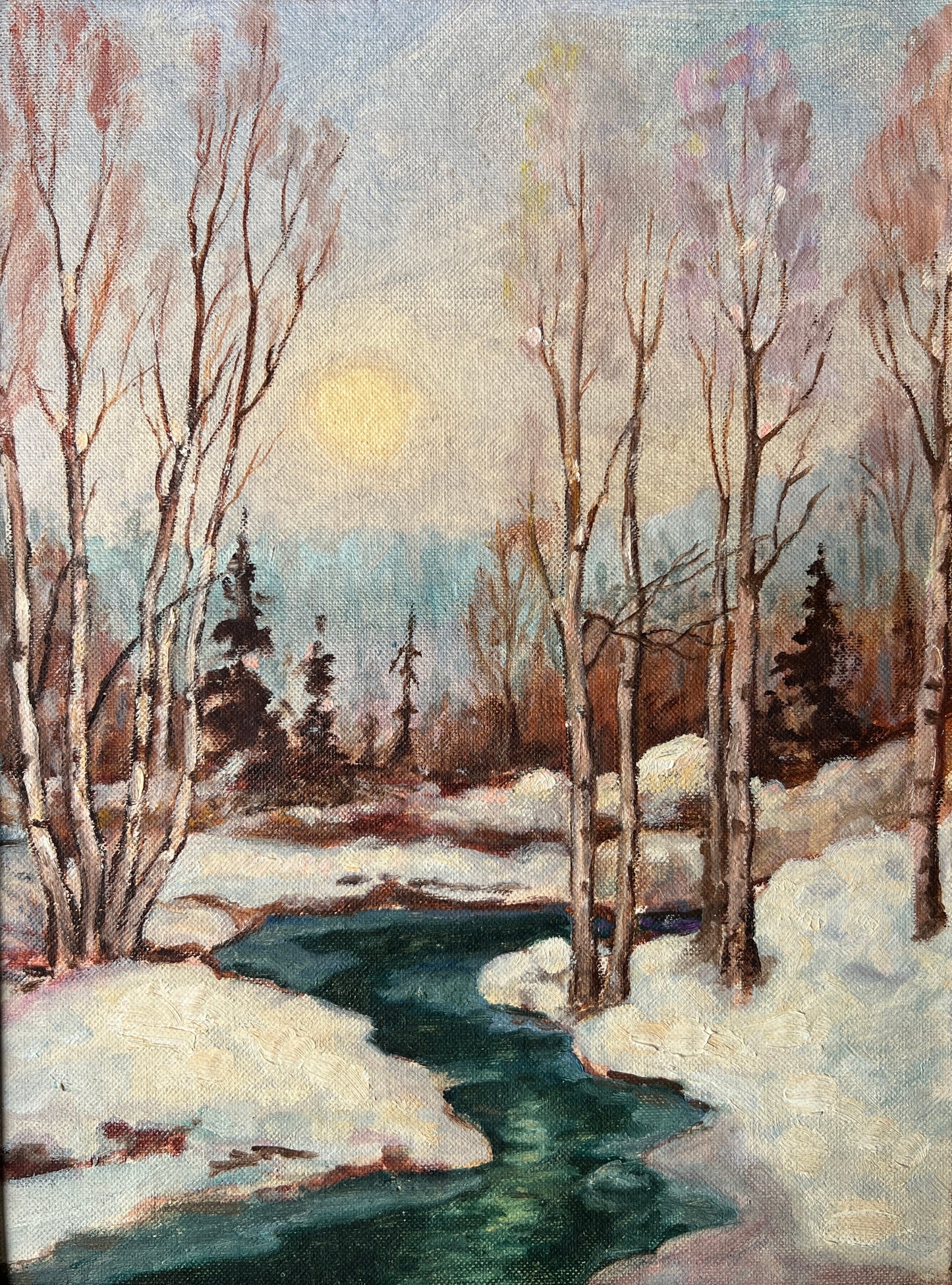 Mid Century Impressionist Snowy Wooded River Birch Tree Landscape Oil Painting in Gold Frame