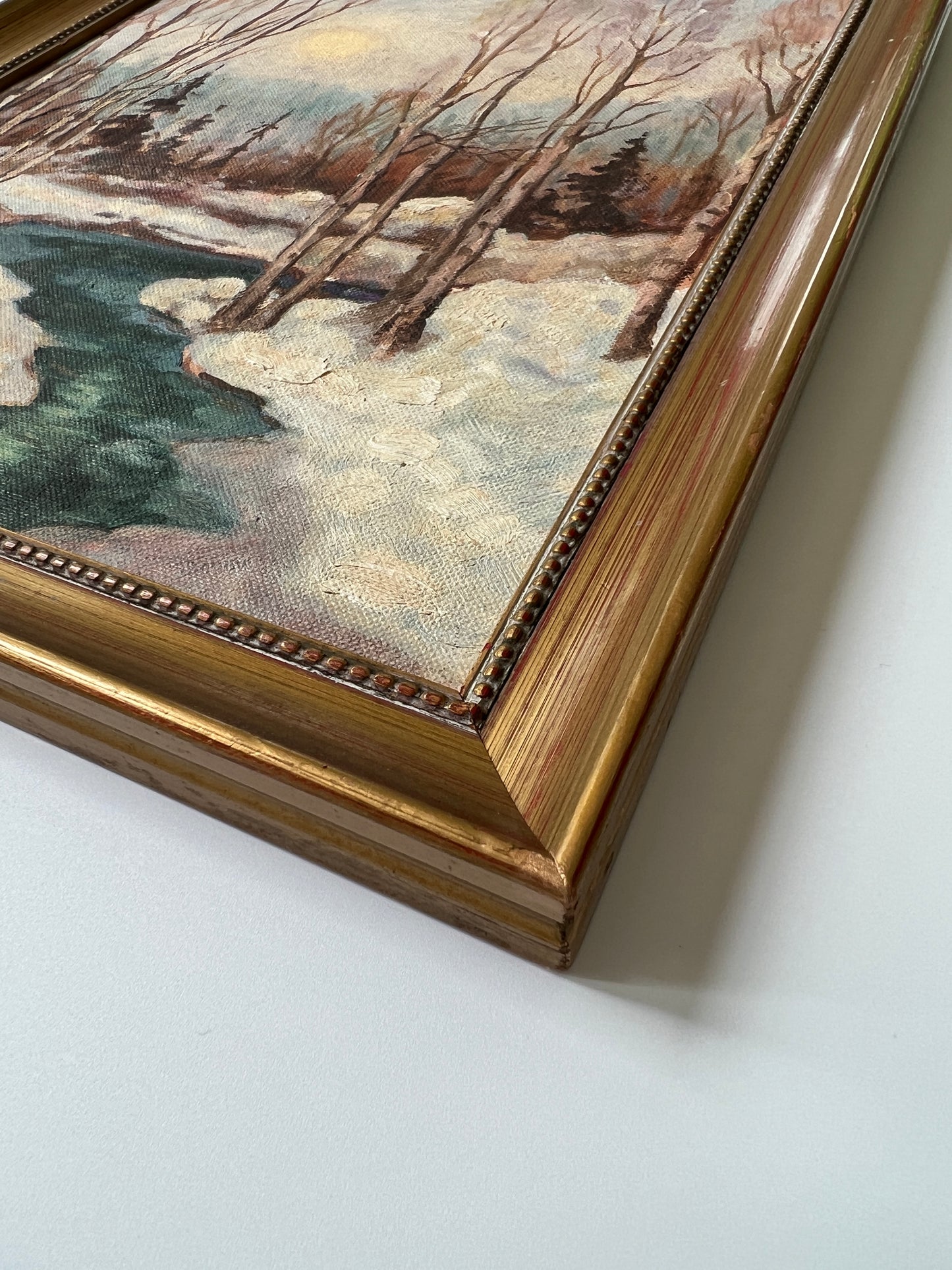 Mid Century Impressionist Snowy Wooded River Birch Tree Landscape Oil Painting in Gold Frame