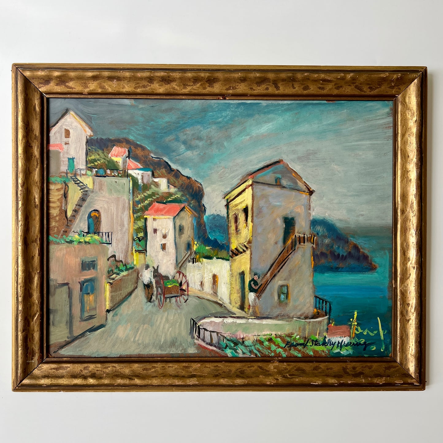Frank Stanley Herring (American, 1894-1966) Colorful Coastal Village Oil Painting in Gold Frame