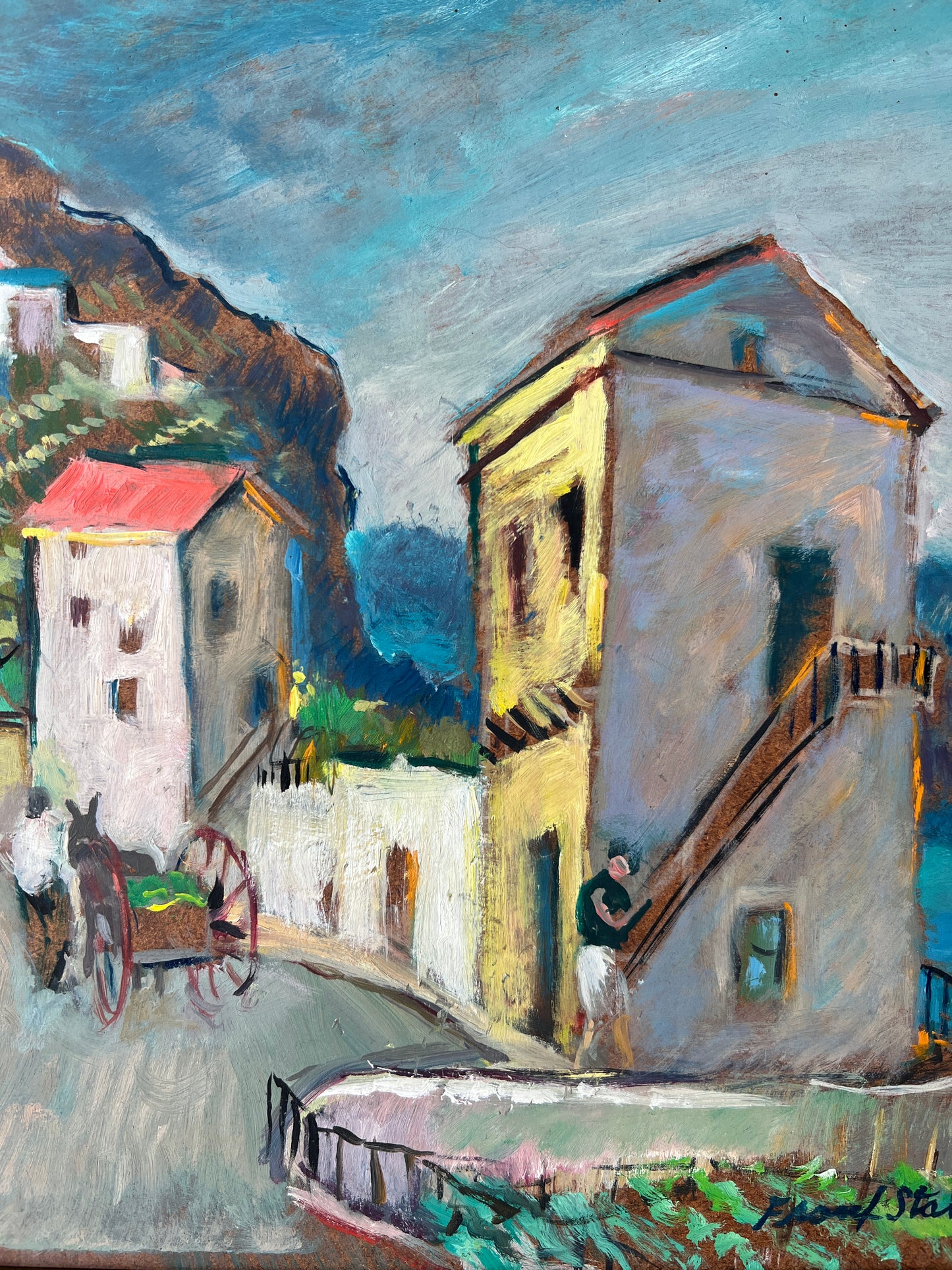 Frank Stanley Herring (American, 1894-1966) Colorful Coastal Village Oil Painting in Gold Frame