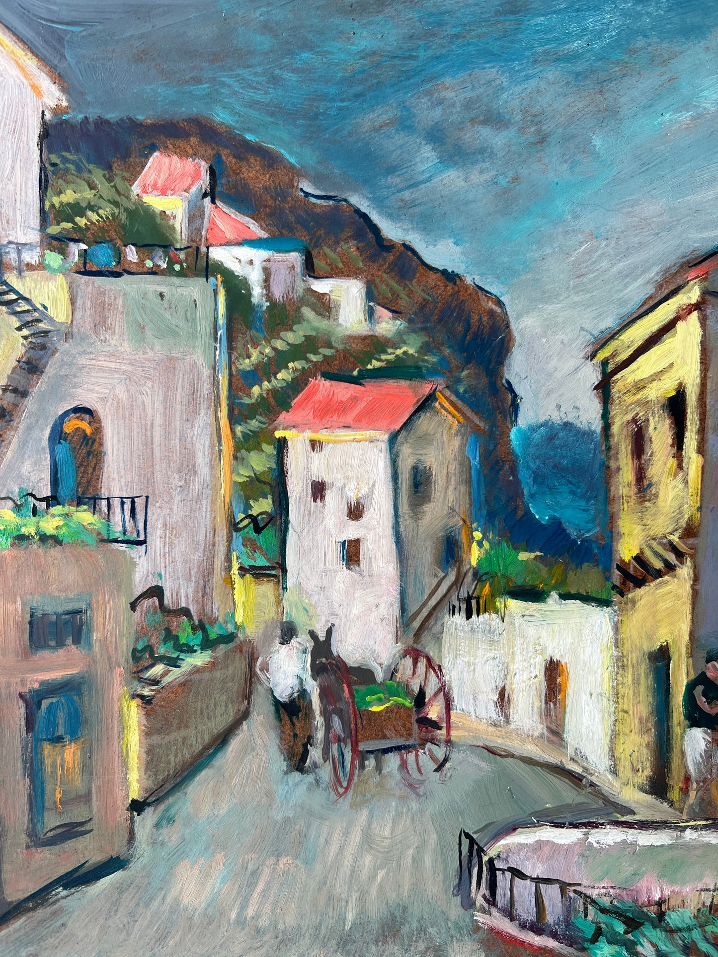 Frank Stanley Herring (American, 1894-1966) Colorful Coastal Village Oil Painting in Gold Frame