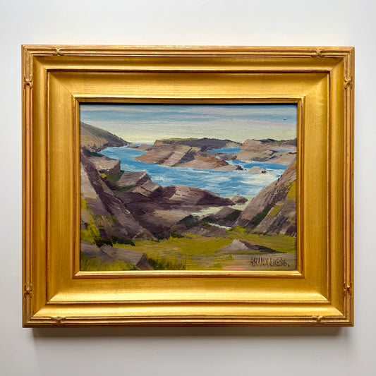 1956 Modernist Rocky Coastal Seascape Oil Painting in Gold Frame