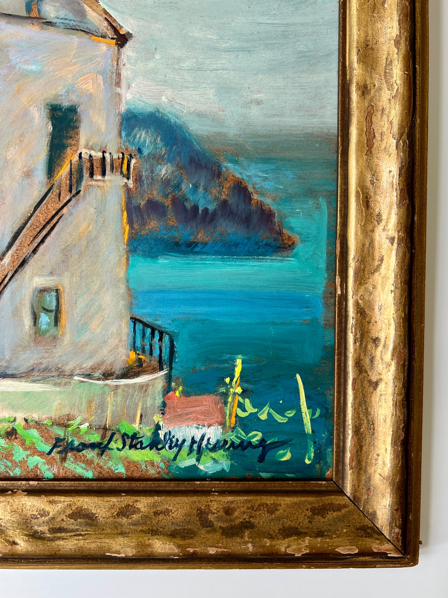 Frank Stanley Herring (American, 1894-1966) Colorful Coastal Village Oil Painting in Gold Frame