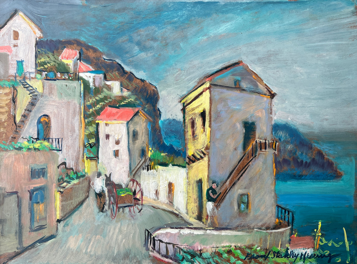 Frank Stanley Herring (American, 1894-1966) Colorful Coastal Village Oil Painting in Gold Frame