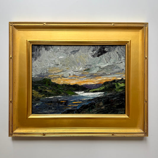 Moody Landscape at Sunset Impasto Oil Painting in Gold Frame