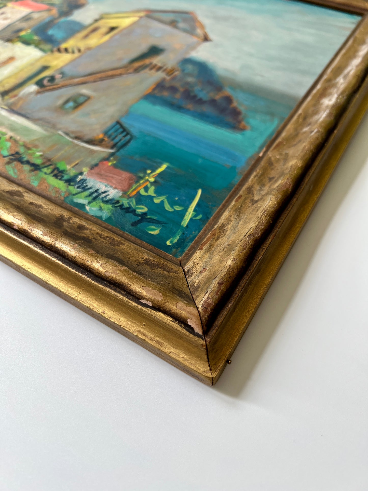 Frank Stanley Herring (American, 1894-1966) Colorful Coastal Village Oil Painting in Gold Frame