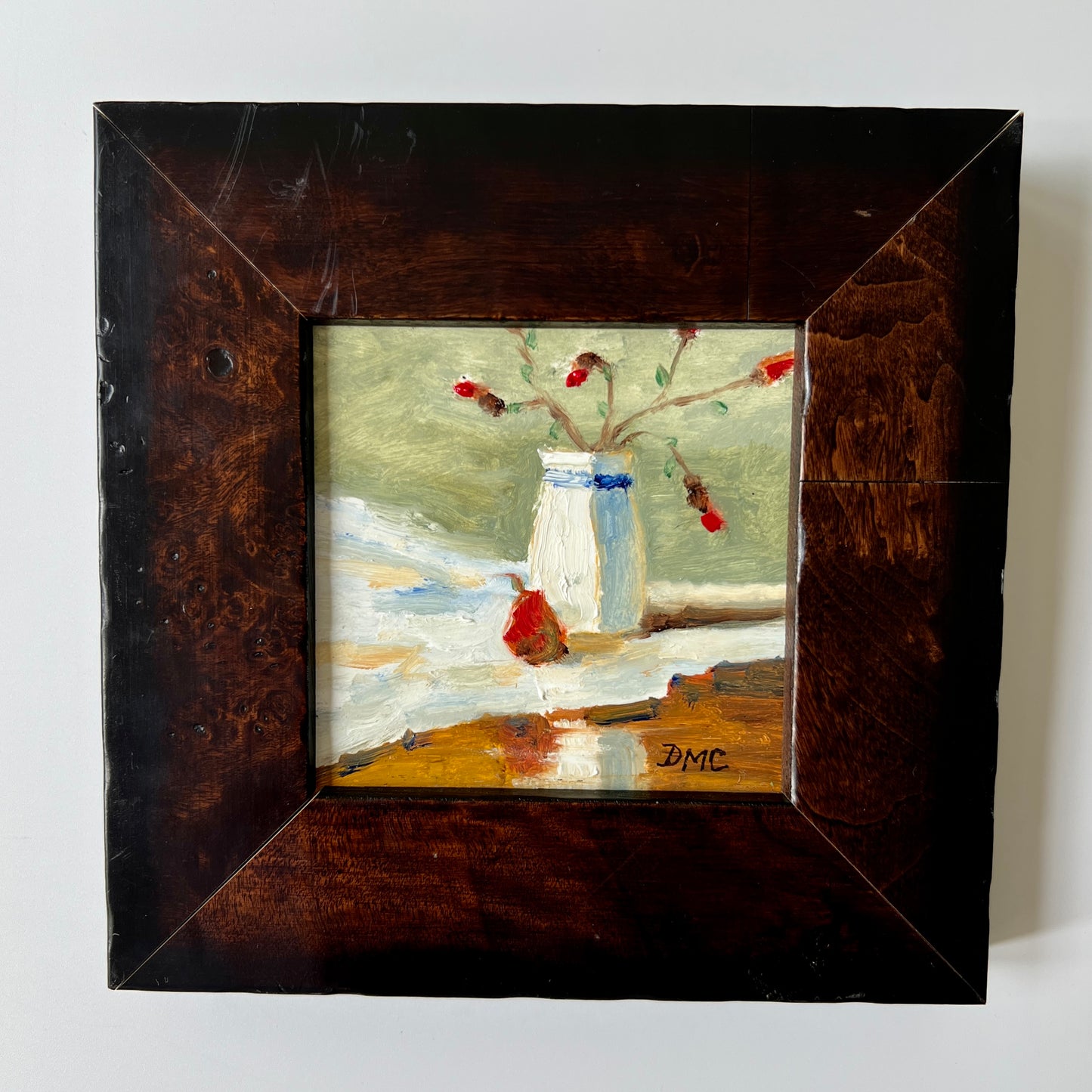 Deb Craley Miniature Strawberry and Floral Still Life Oil Painting in Wood Frame