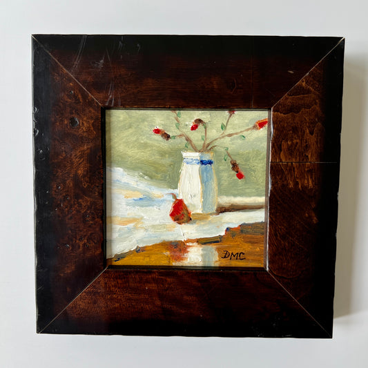Deb Craley Miniature Strawberry and Floral Still Life Oil Painting in Wood Frame