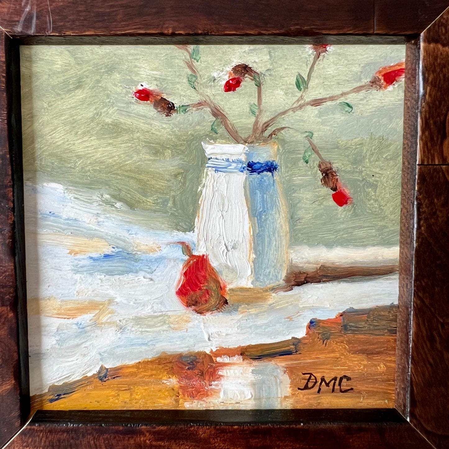 Deb Craley Miniature Strawberry and Floral Still Life Oil Painting in Wood Frame