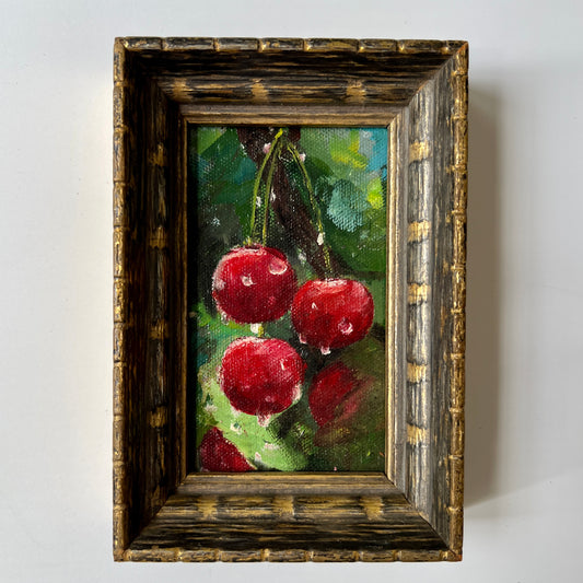 Miniature Cherry with Dew Still Life Oil Painting in Gilded Frame