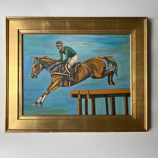 DeVona Cox (1929-2010) Modern Equestrian Horse and Jockey Steeplechase Oil Painting in Gold Frame