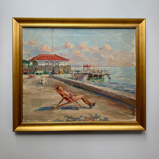 Summer Day at the Pier Woman in Deck Chair Oil Painting in Gold Frame