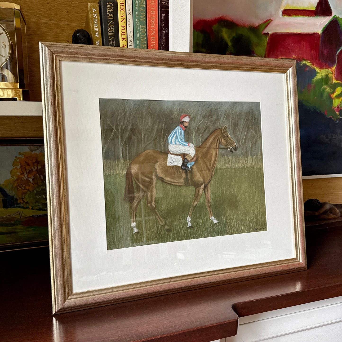 Vintage Jockey in Blue and White Striped Silks on Horse Pastel in Silver Frame