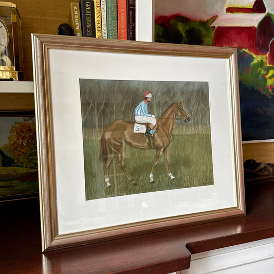 Vintage Jockey in Blue and White Striped Silks on Horse Pastel in Silver Frame