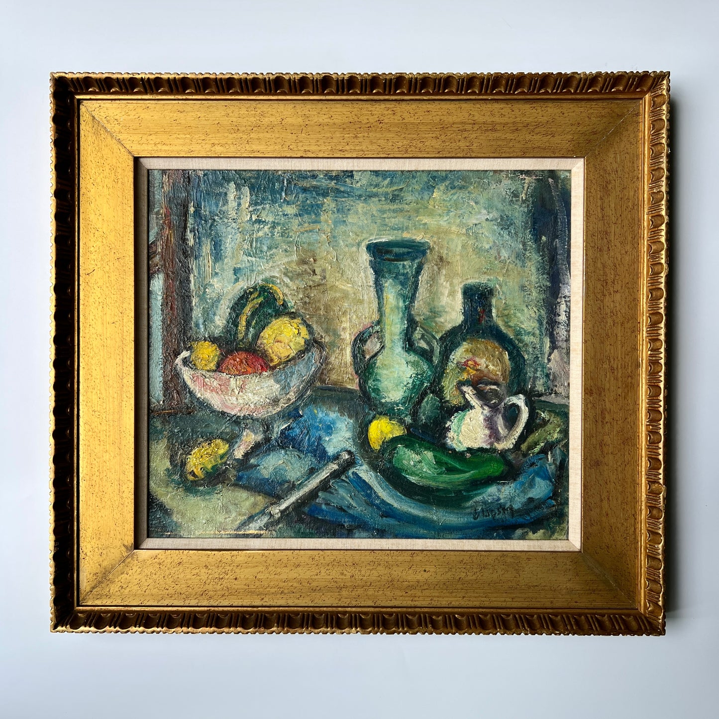 Mid Century Fauvist Style Colorful Tabletop Fruit Bowl Still Life in Thick Gold Frame