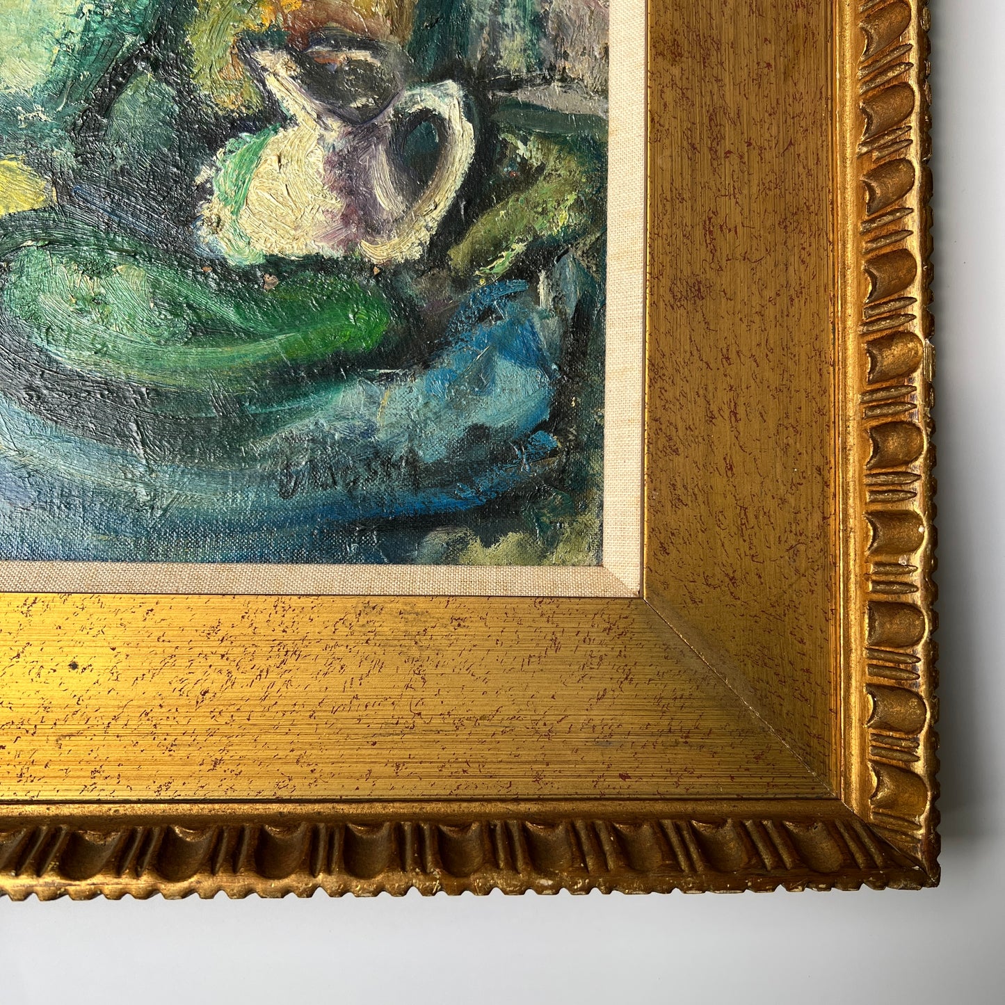 Mid Century Fauvist Style Colorful Tabletop Fruit Bowl Still Life in Thick Gold Frame