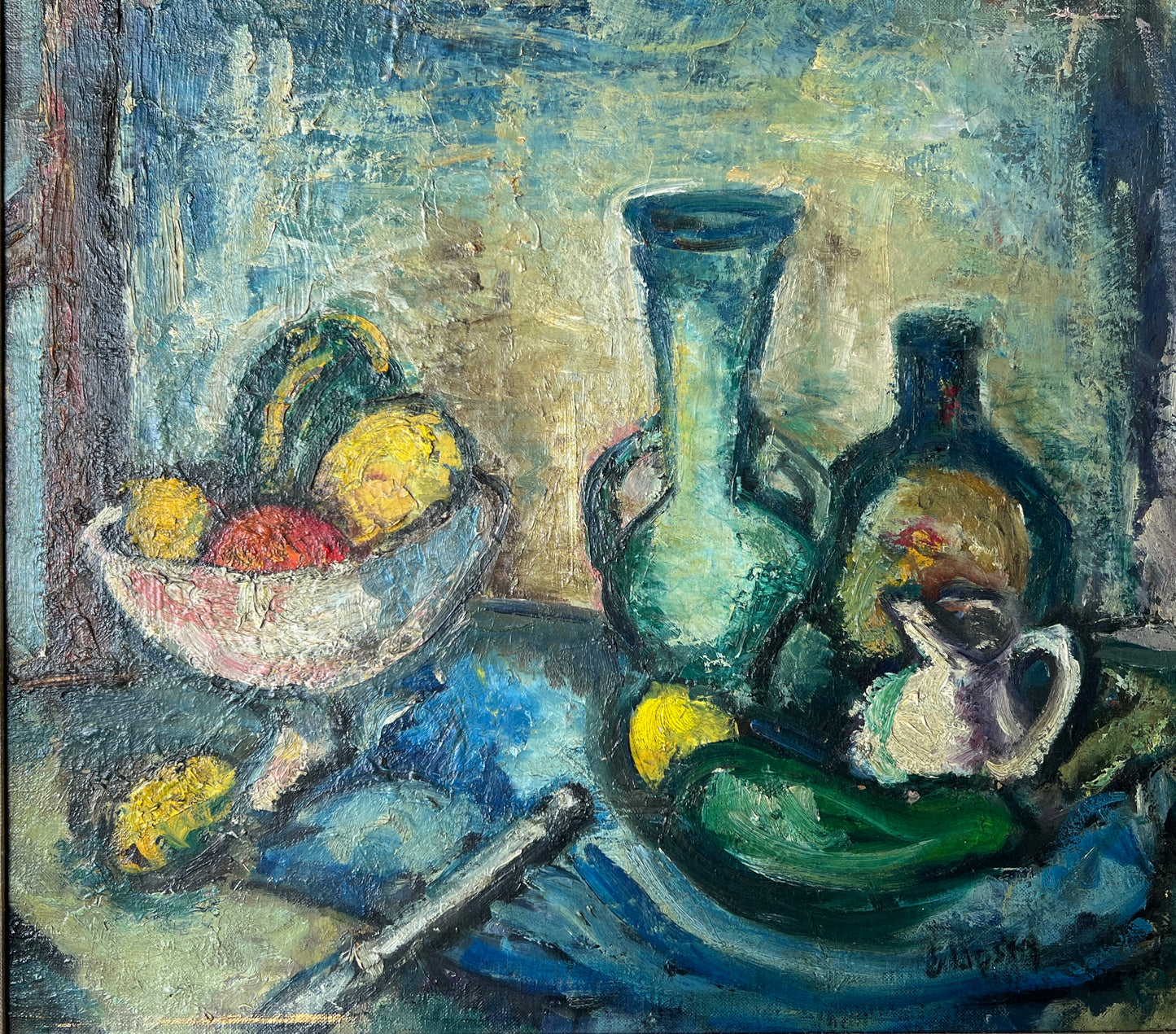 Mid Century Fauvist Style Colorful Tabletop Fruit Bowl Still Life in Thick Gold Frame