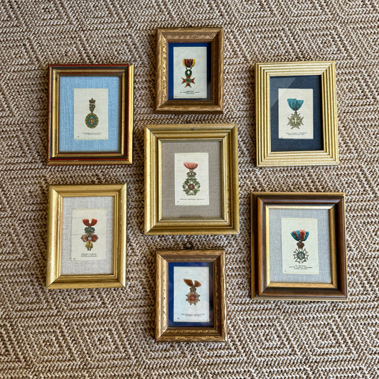 Set of 7 Pre - World War I Military Medals of Honor Antique Tobacco Silks in Vintage Frames