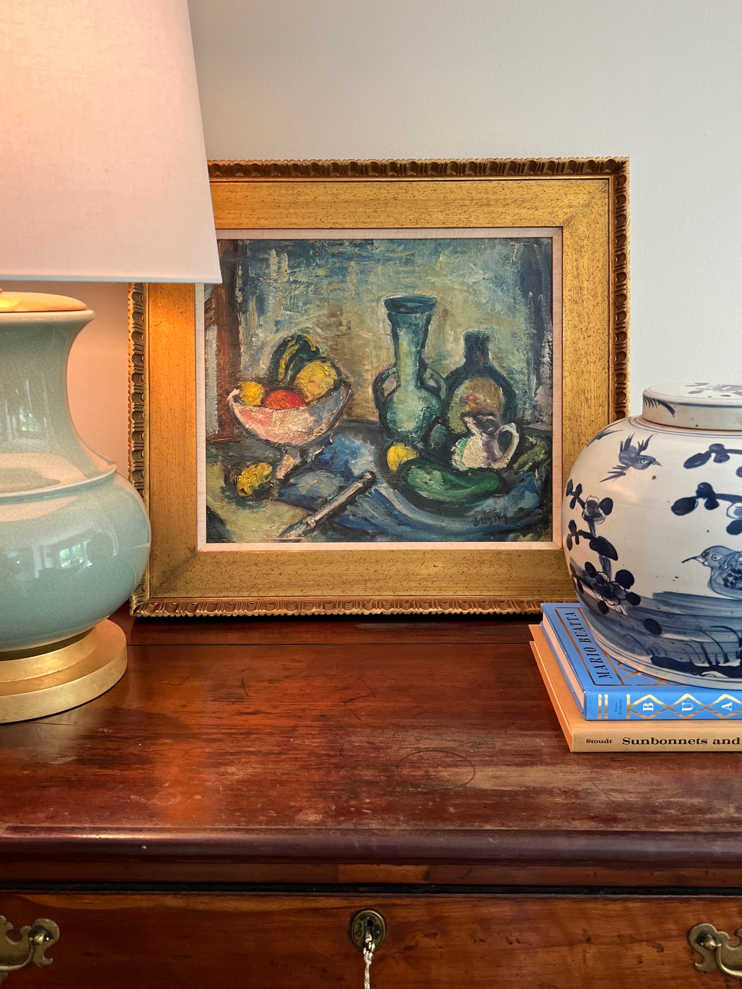 Mid Century Fauvist Style Colorful Tabletop Fruit Bowl Still Life in Thick Gold Frame