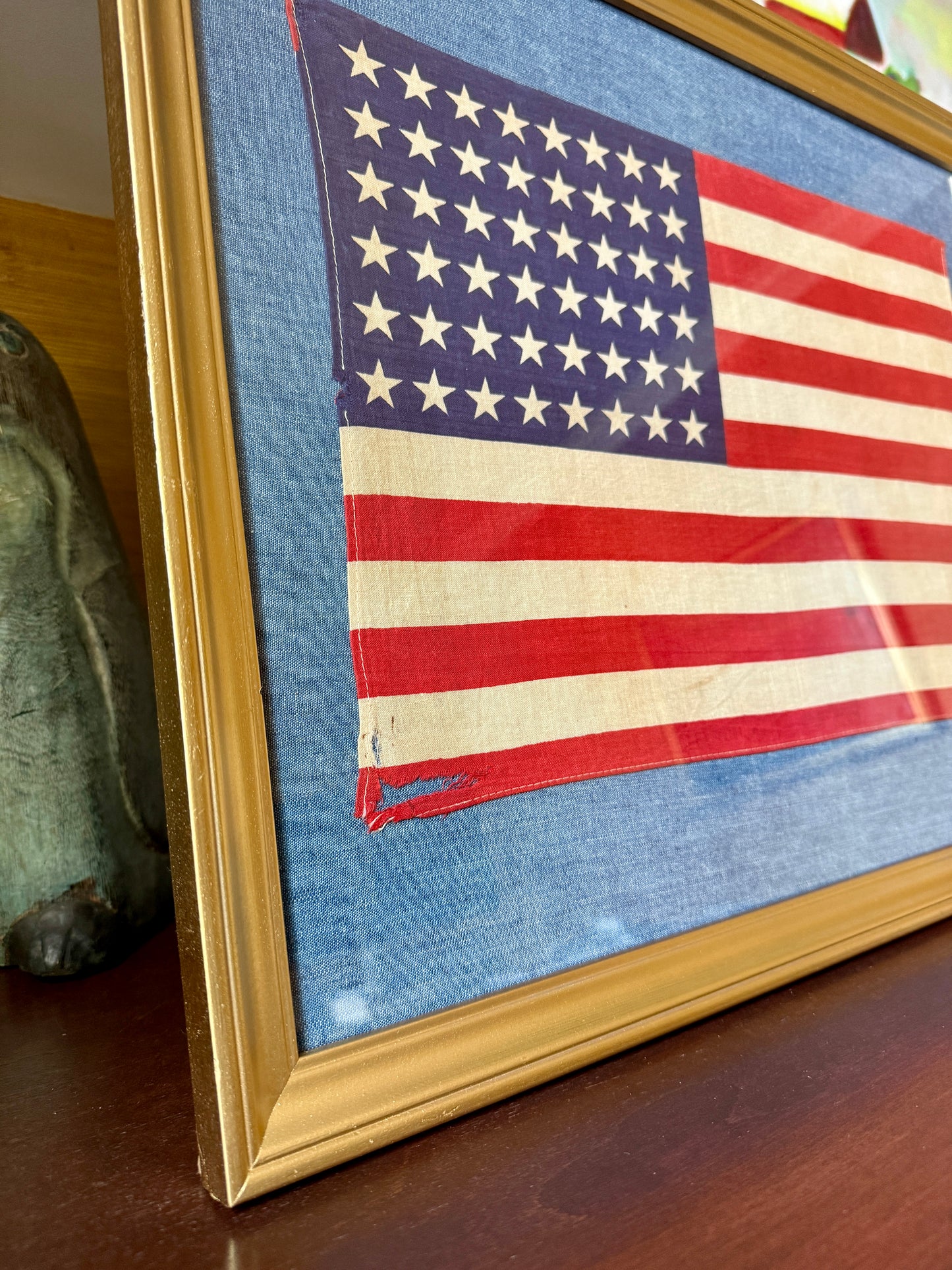 48 Star American Flag on Chambray in Vintage Gold Frame