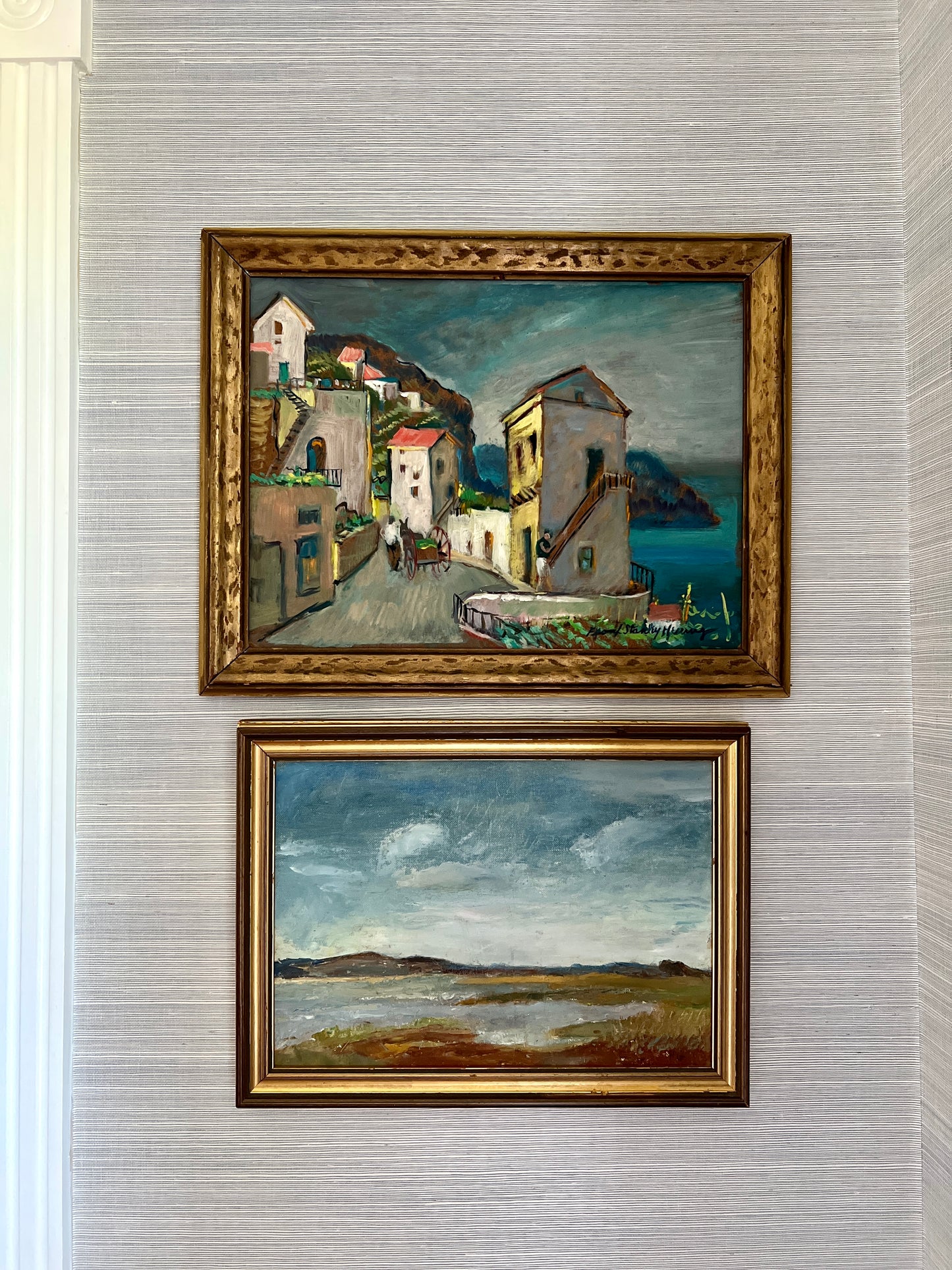 Frank Stanley Herring (American, 1894-1966) Colorful Coastal Village Oil Painting in Gold Frame